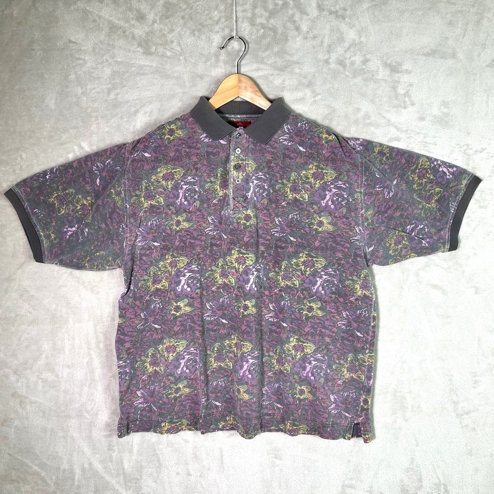 VTG 90s Time Pieces Polo Shirt Large Short Sleeve 100% Cotton Abstract Floral HK